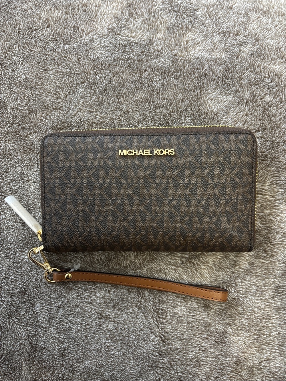 Michael Kors Brown Logo Zip Wristlet Wallet with Gold Hardware